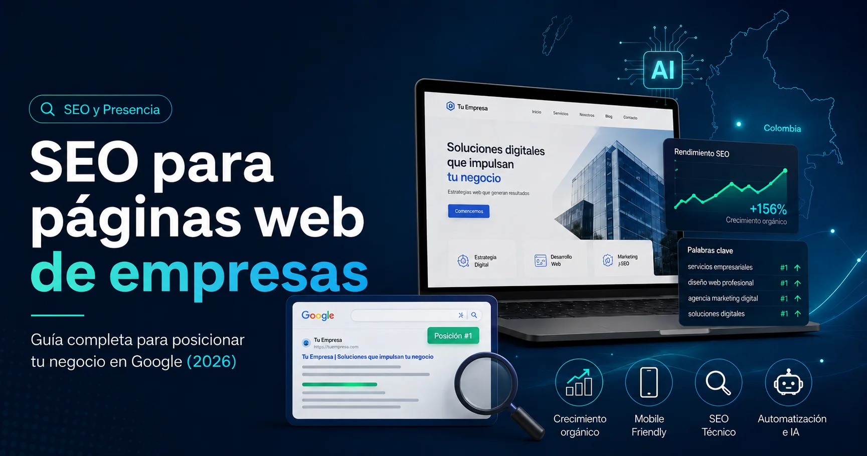 Equipo profesional analizando métricas SEO y rendimiento web de una página corporativa en Colombia