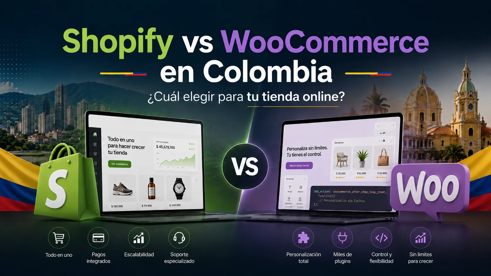 Comparativa Shopify vs WooCommerce en Colombia mostrando dashboards de ambas plataformas ecommerce con características clave como pagos integrados, escalabilidad, personalización y control