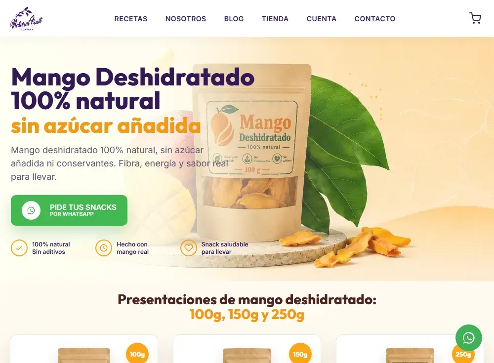 Sitio web de mango deshidratado Natural Fruit en vista de portatil