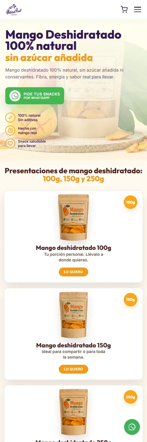 Sitio web responsive de mango deshidratado Natural Fruit en celular