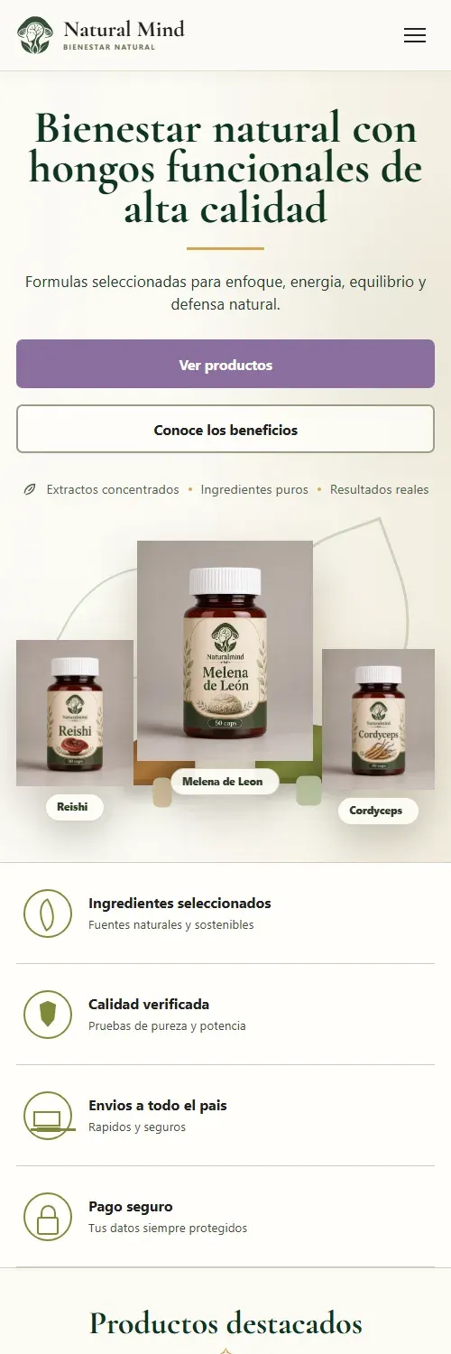 Sitio web responsive de Natural Mind Colombia en celular