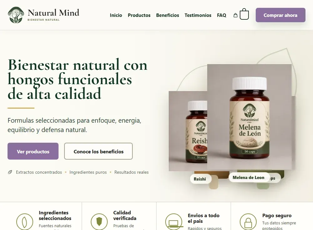 Sitio web de Natural Mind Colombia en vista de portatil