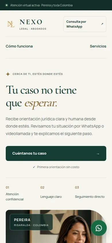 Landing page responsive de Nexo Legal en celular