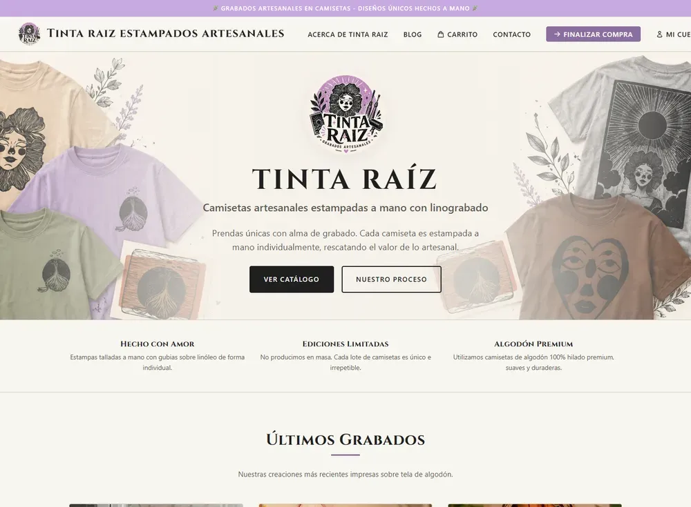 Sitio web de Tinta Raiz Estampados Artesanales en vista de portatil