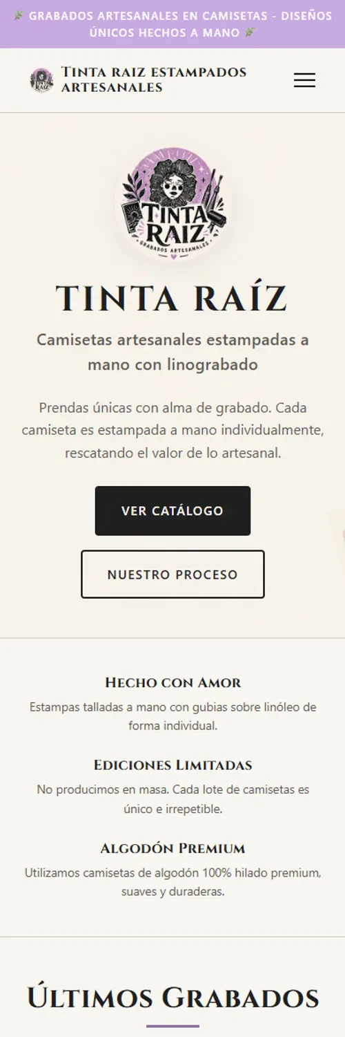 Sitio web responsive de Tinta Raiz Estampados Artesanales en celular