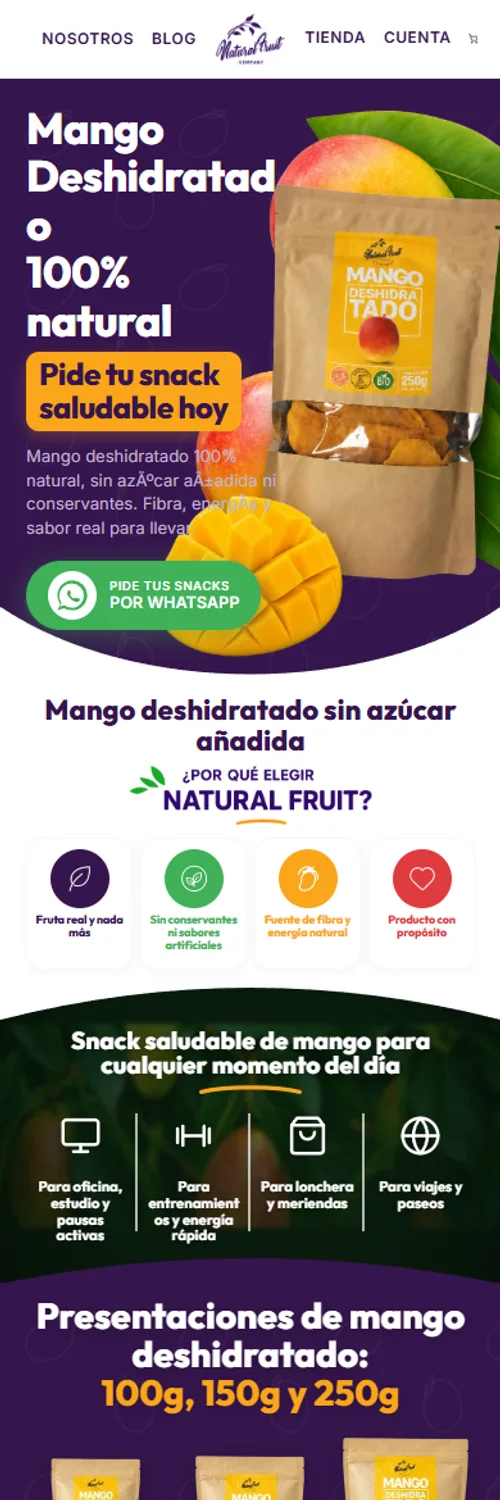Sitio web responsive de mango deshidratado Natural Fruit en celular