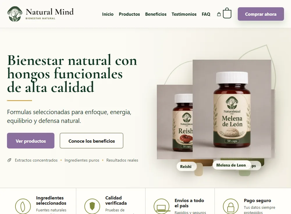 Vista de escritorio del ecommerce Natural Mind desarrollado por Sinergy