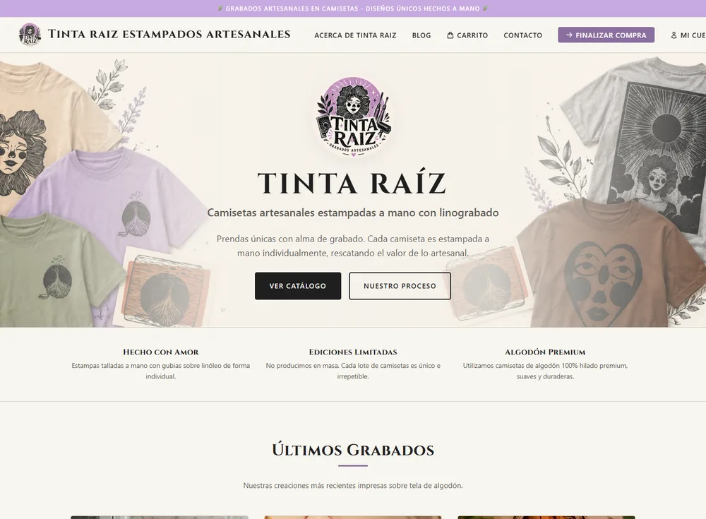 Sitio web de Tinta Raiz Estampados Artesanales en vista de portatil