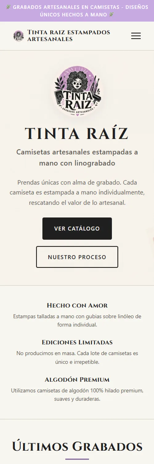 Sitio web responsive de Tinta Raiz Estampados Artesanales en celular